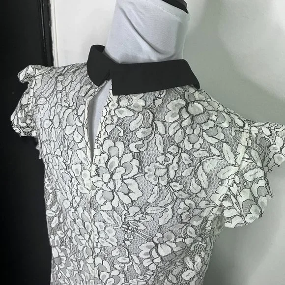 Forever 21 White Floral Lace See Thru Sleeveless Top with Black Collar Size L - Picture 5 of 7